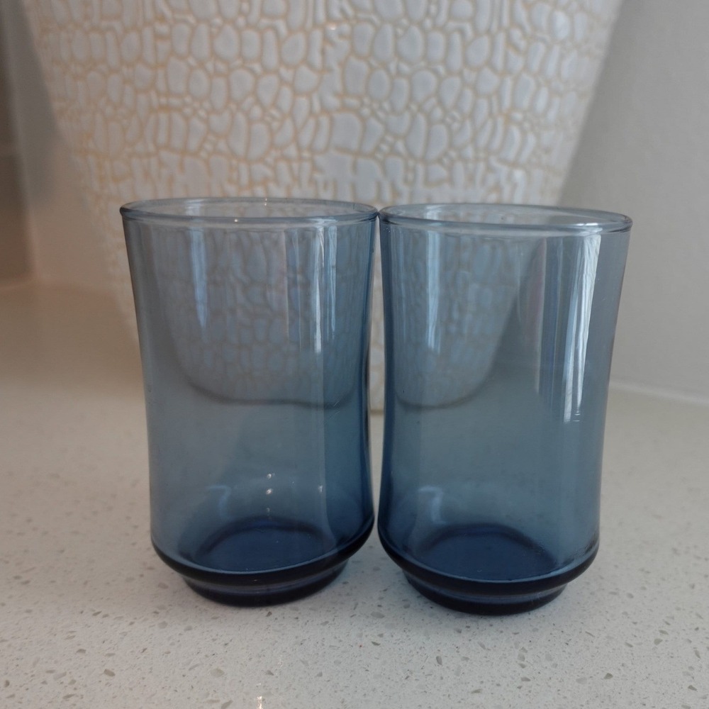 Vintage Blue Glass Juice Tumblers Set of 2 Mid Century Modern 3.5 Inch Small